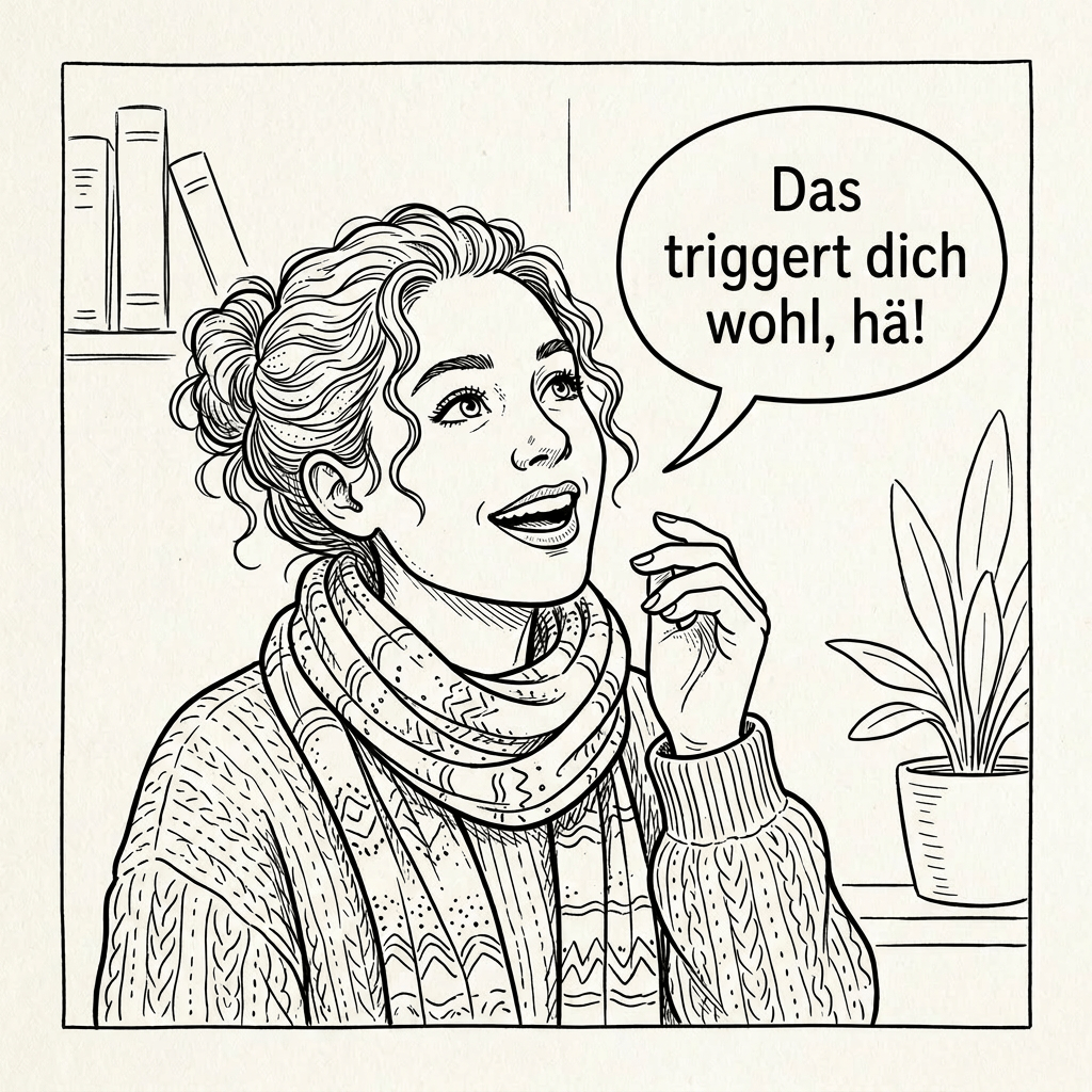 Woman saying 'Du bist deines Glückes Schmied' with bookshelf and plant in background